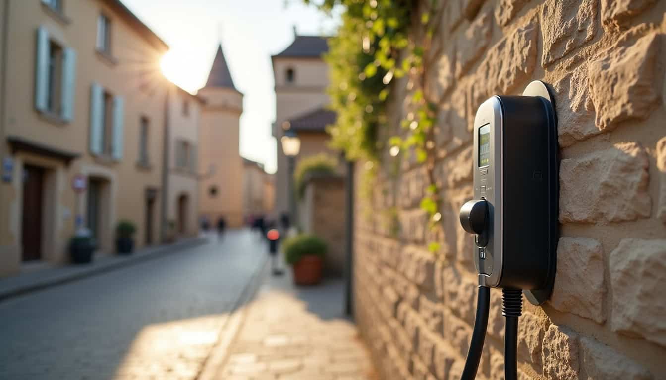 Borne de recharge publique installée en centre-ville de Monflanquin, près de la tour de ville
