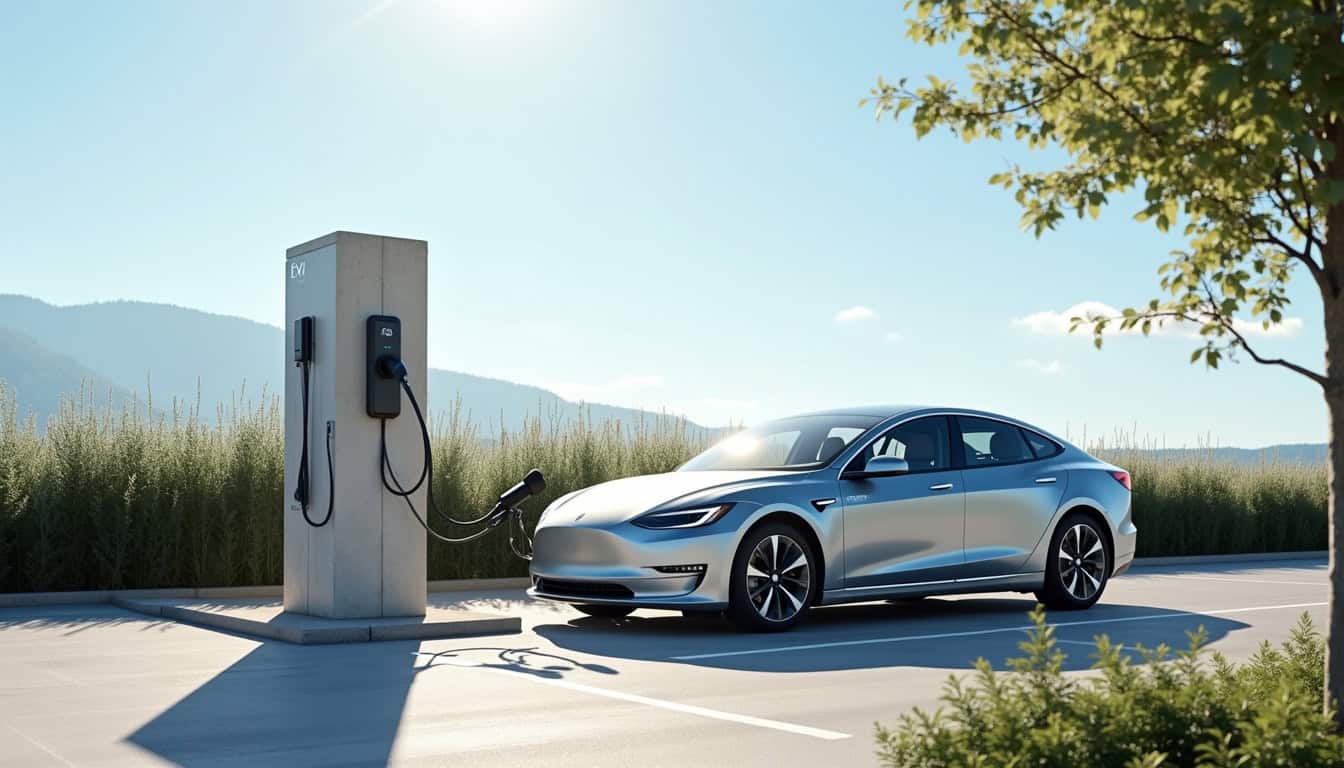 Borne de recharge publique installée en extérieur à Petit-Réderching, avec véhicule électrique en cours de chargement