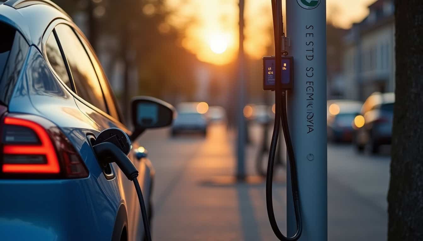 Borne de recharge publique installée rue Denis Papin à Hardricourt, avec un véhicule électrique en cours de recharge
