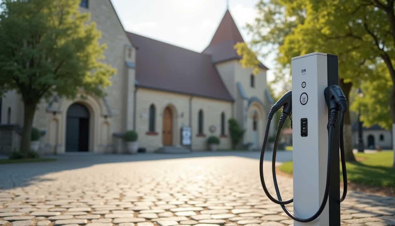 Borne de recharge publique installée sur la place de l'église à Lentilly, avec deux points de charge visibles