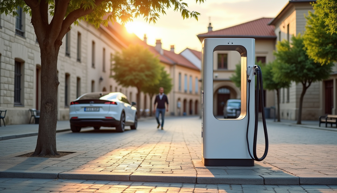 Borne de recharge publique installée sur la Place Saint-Jean à Luc-la-Primaube, en milieu urbain