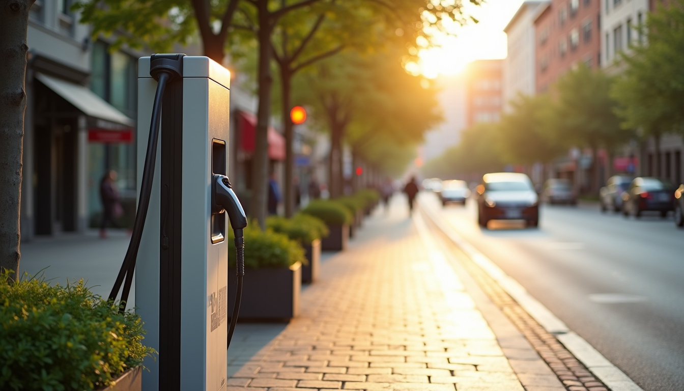 Borne de recharge publique installée sur l'avenue des Pins à Saint-Paul-lès-Romans, près d'un commerce