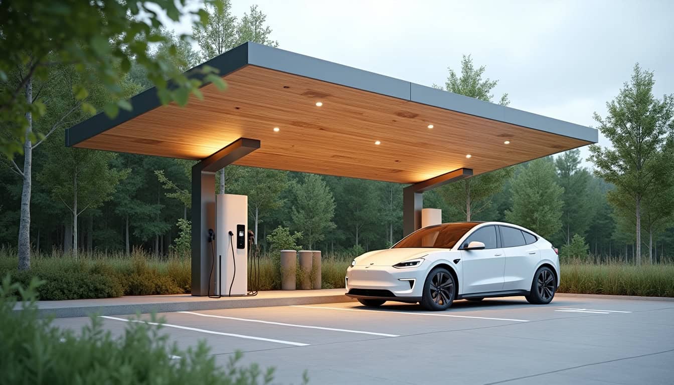 Borne de recharge publique installée sur le parking du Centre Social Éveil à Caden