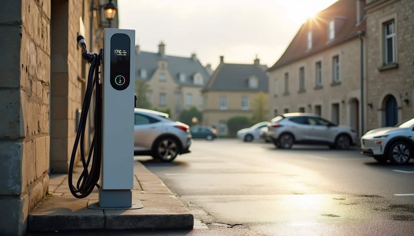 Borne de recharge publique installée sur un parking en centre-ville de Bayeux