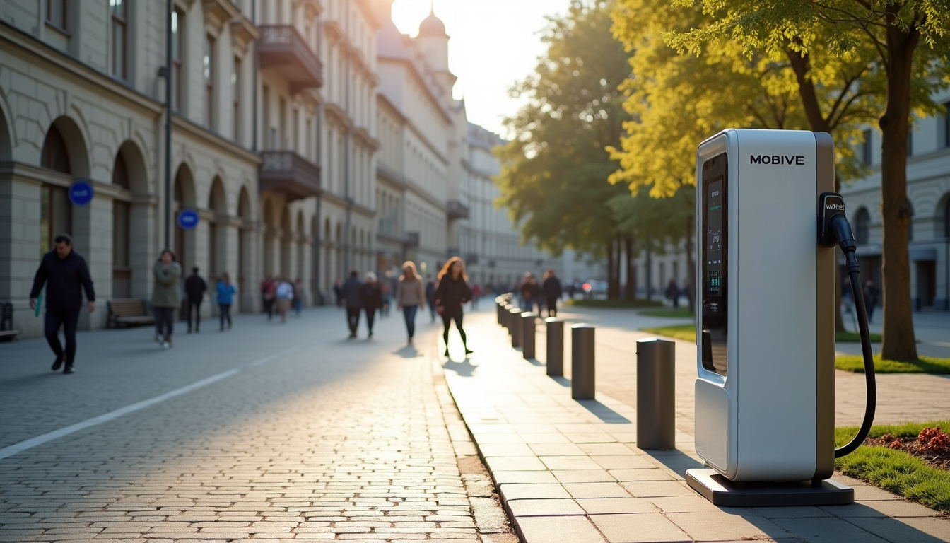 Borne de recharge publique MOBIVE installée sur la place du Champ de Foire à Le Grand-Bourg