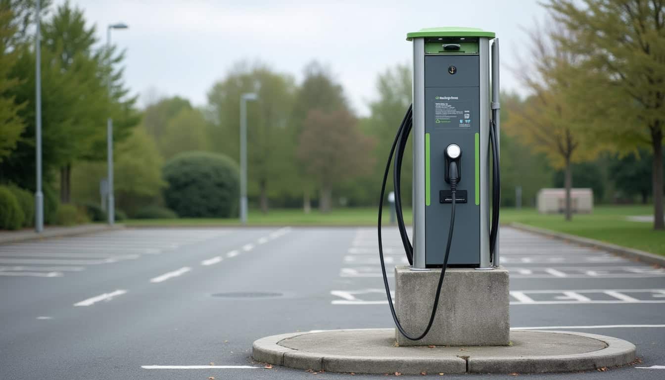 Borne de recharge publique Ouest-Charge située sur le parking de la mairie de Plomelin