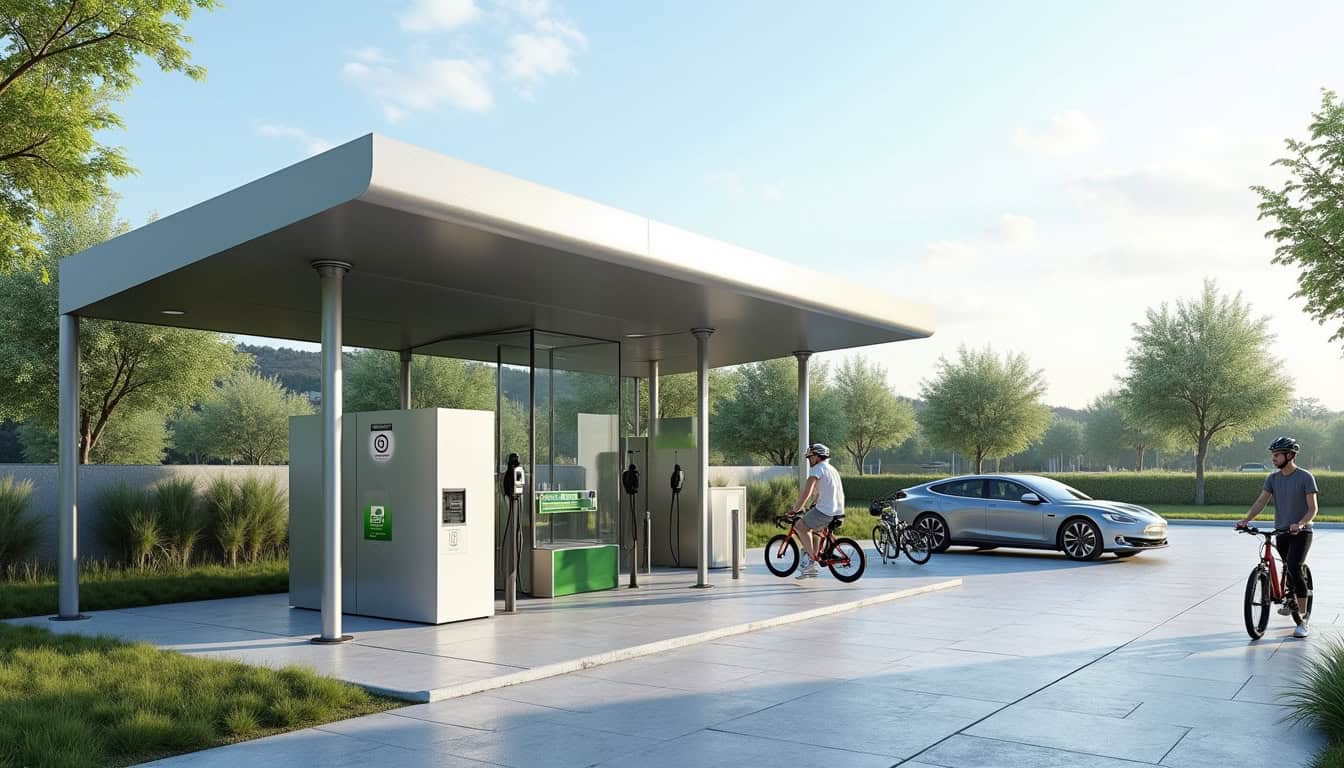 Borne de recharge publique pour voiture et vélo électrique située à Palau-del-Vidre, sur le chemin de Batipalmes, avec panneau d'information et application Révéo