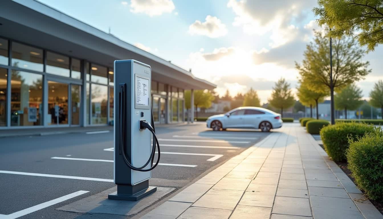 Borne de recharge publique située à l'entrée d'un supermarché à Divion