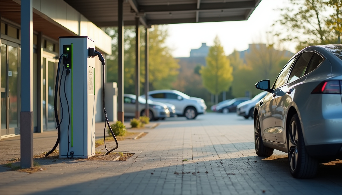 Borne de recharge publique située à Mauléon-Licharre près d’un supermarché