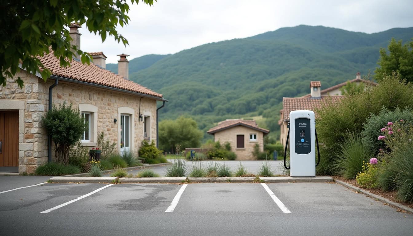 Borne de recharge publique située à Peyre-en-Aubrac, proche d'un parking en centre-ville