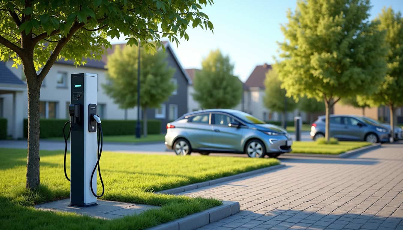 Borne de recharge publique située à Ploudaniel, entourée d'un parking et d'espaces verts