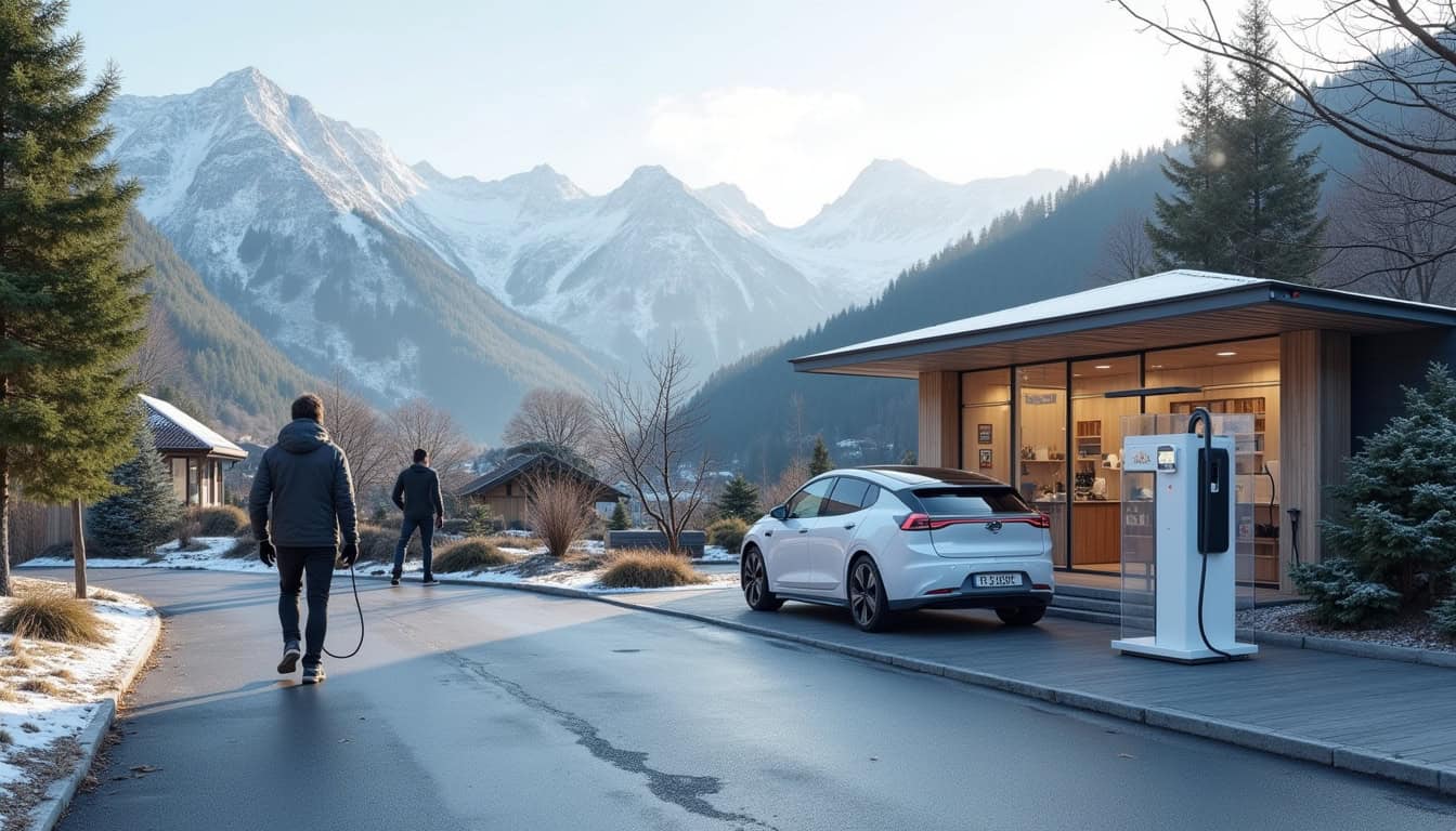 Borne de recharge publique située à Saint-Jeoire, proche d’un commerce