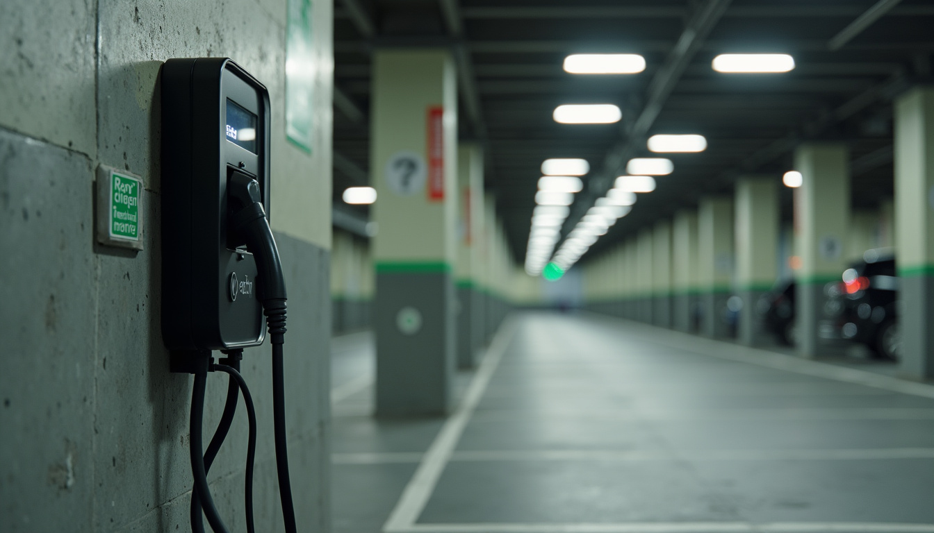 Borne de recharge publique située à Saint-Joachim, rue Joliot Curie, dans un parking couvert