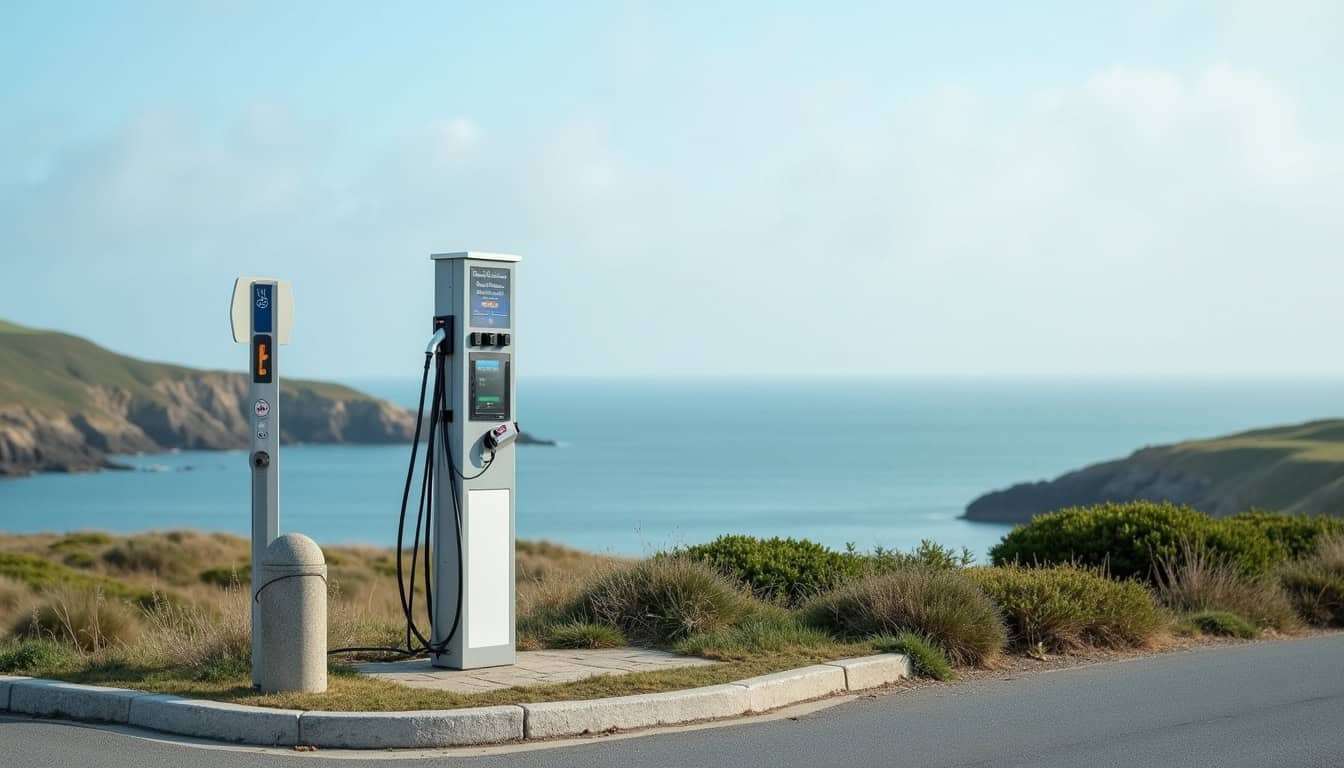 Borne de recharge publique située à Saint-Pabu, Finistère, installée en bordure de route avec panneau signalétique