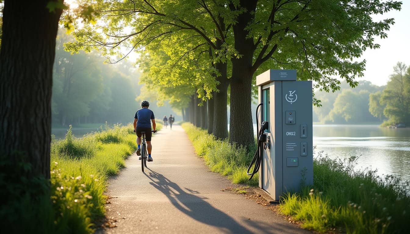 Borne de recharge publique située au bord du chemin de Halage à Mauves