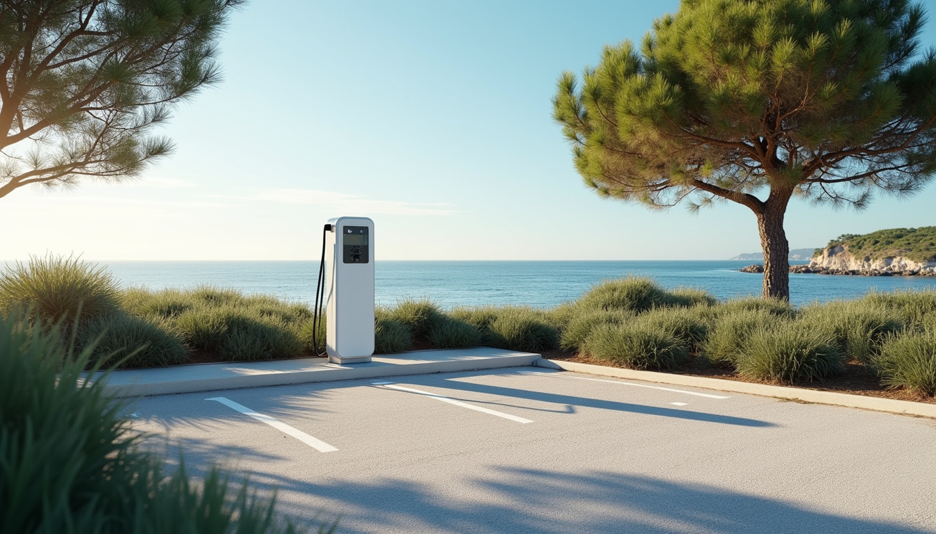Borne de recharge publique située dans un parking à Bretignolles-sur-Mer