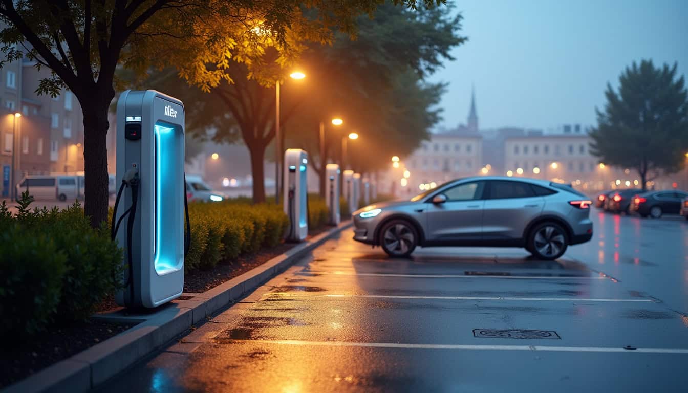 Borne de recharge publique située dans un parking d’Aytré, avec véhicule en cours de recharge