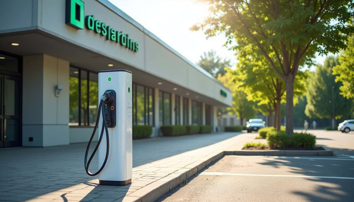 Borne de recharge publique située devant le centre de services de la Caisse Desjardins à Sainte-Blandine
