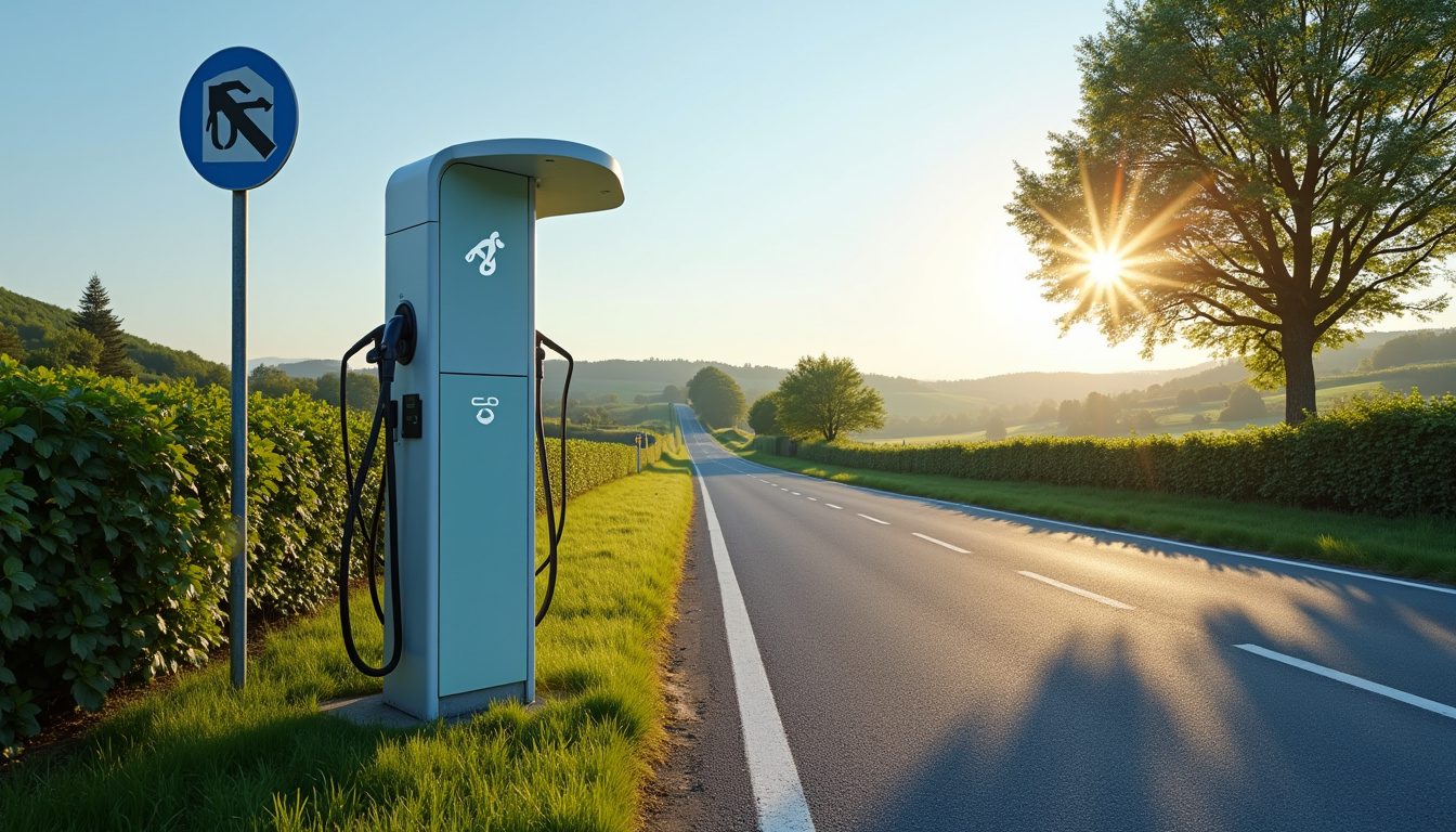 Borne de recharge publique située en bordure de route à Gouesnach, près d'un panneau indicateur