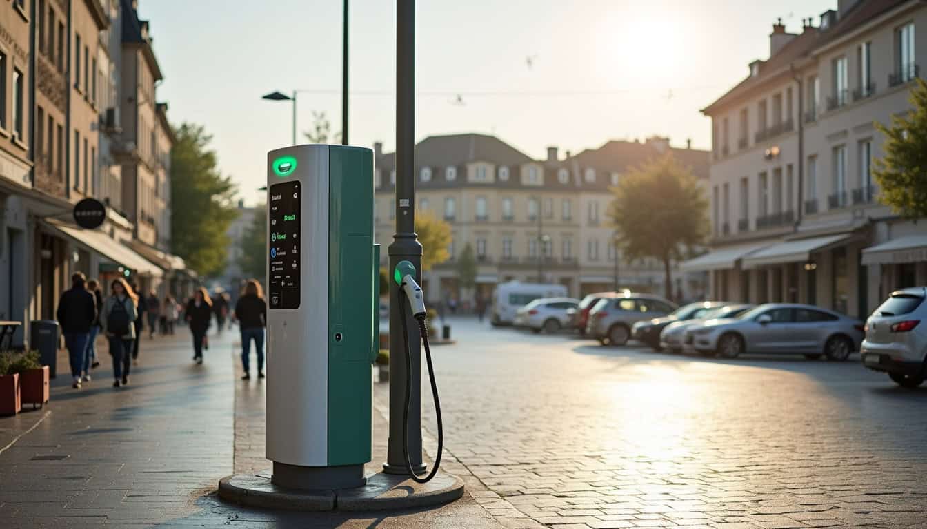 Borne de recharge publique située en plein centre-ville de Saint-Brevin-les-Pins, près d'un parking municipal