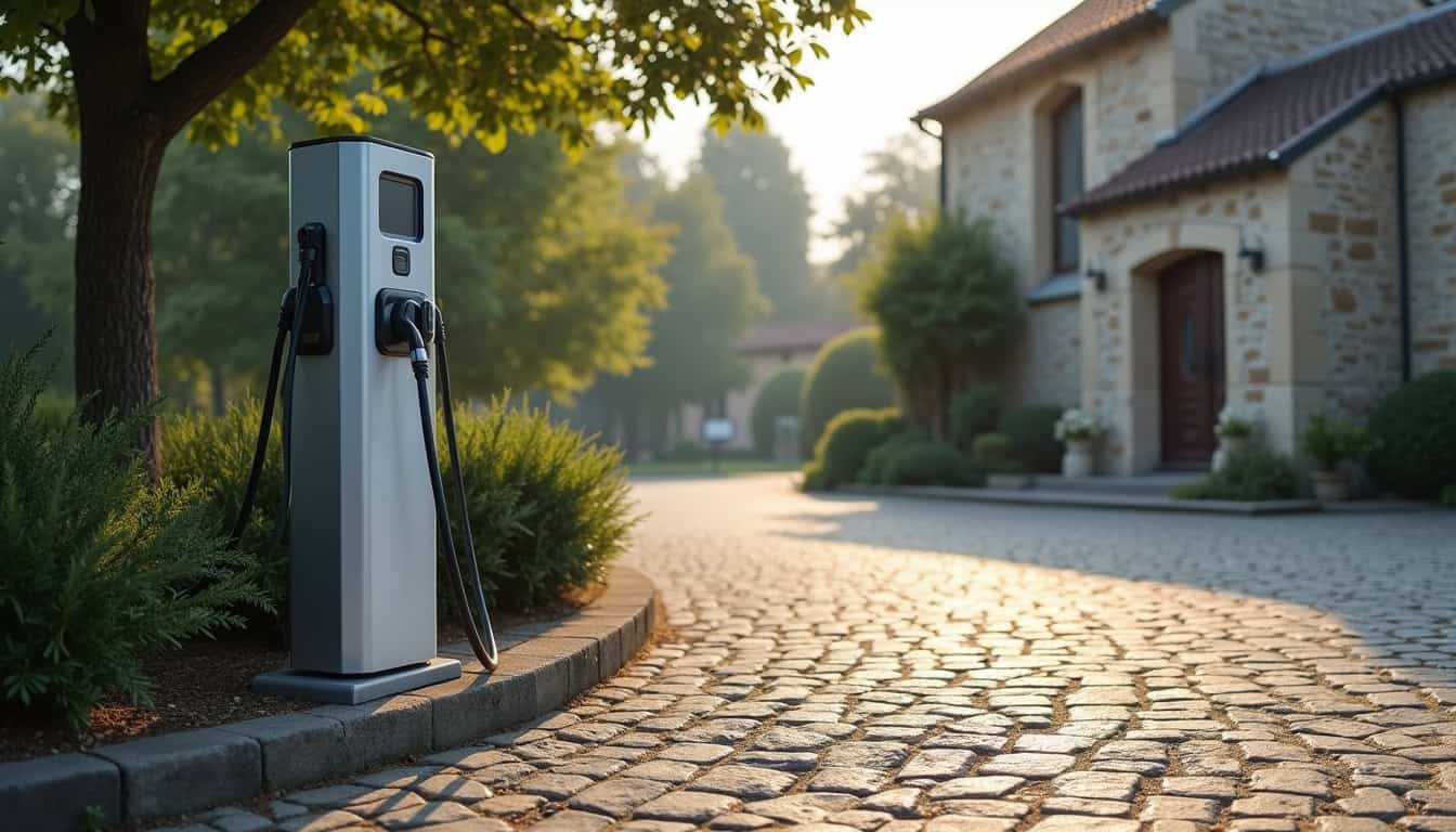Borne de recharge publique située Place de l’Église à Évellys