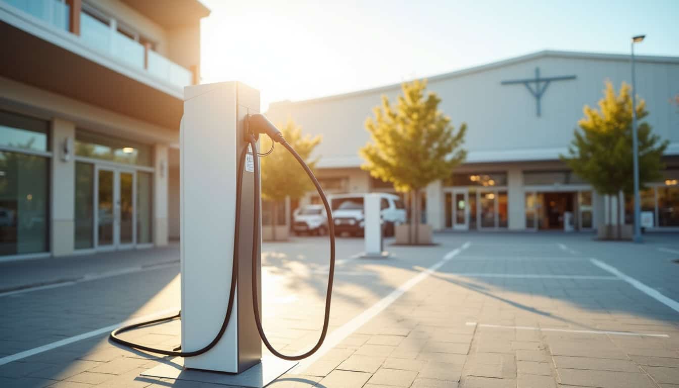 Borne de recharge publique située près d'un centre commercial à Solaize