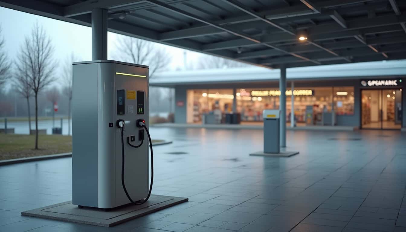 Borne de recharge publique située près d'un supermarché à Arelaune-en-Seine