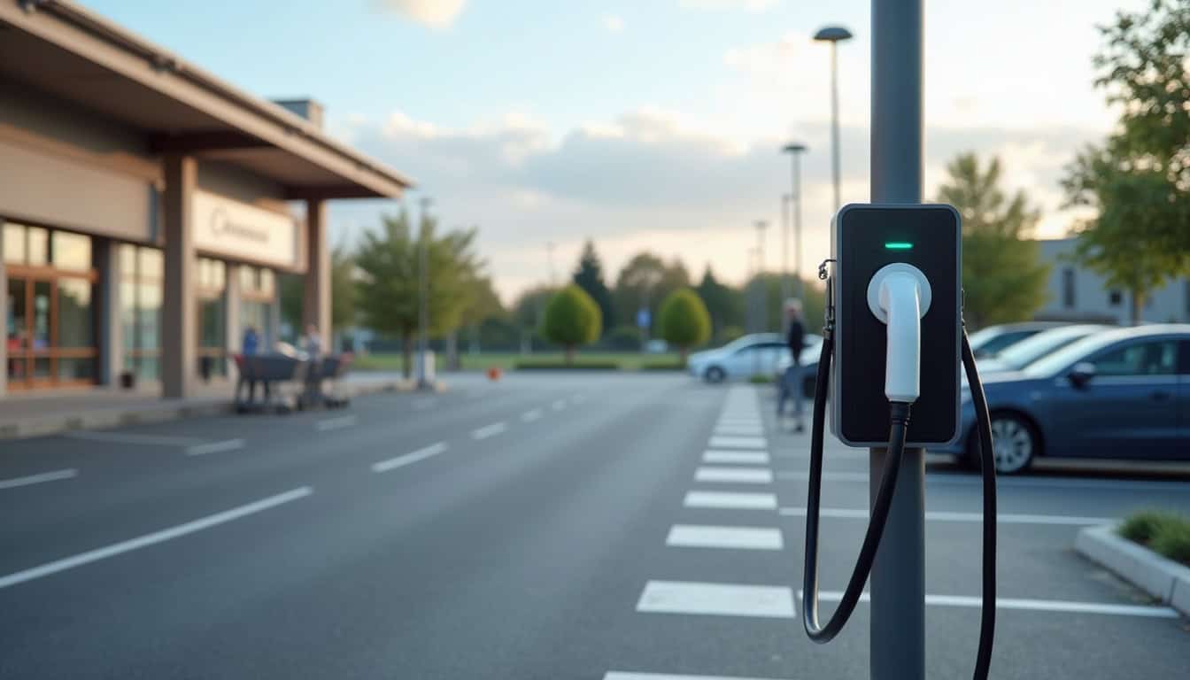 Borne de recharge publique située près d'un supermarché à Machecoul-Saint-Même