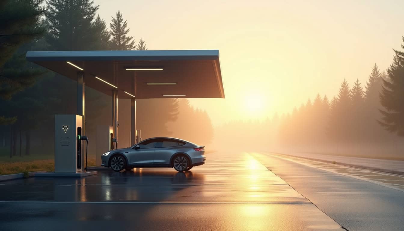 Borne de recharge publique située près d'une aire de service sur l'A85 à Athée-sur-Cher