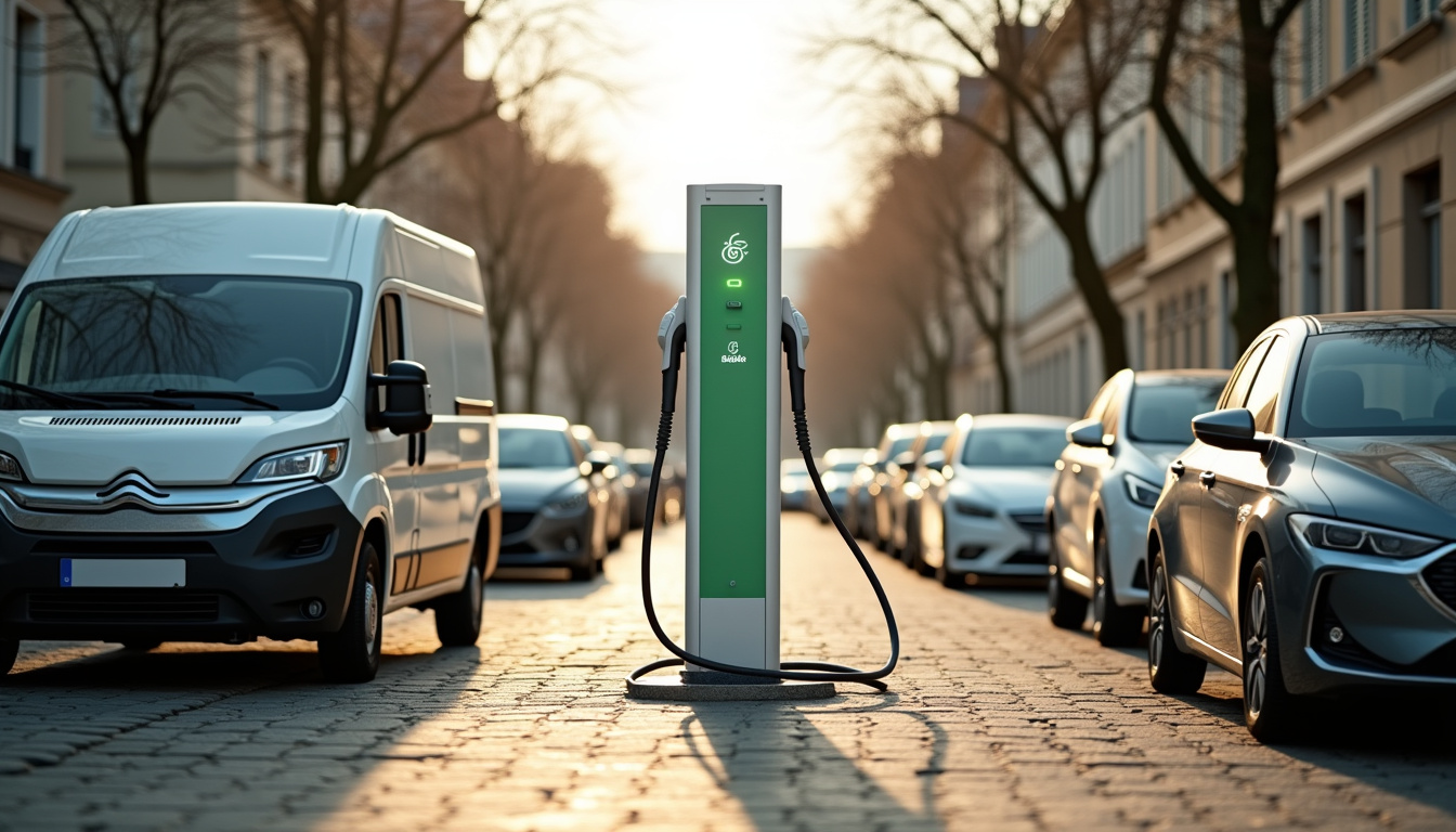 Borne de recharge publique située rue de la Gare à Rimogne, entourée de véhicules stationnés