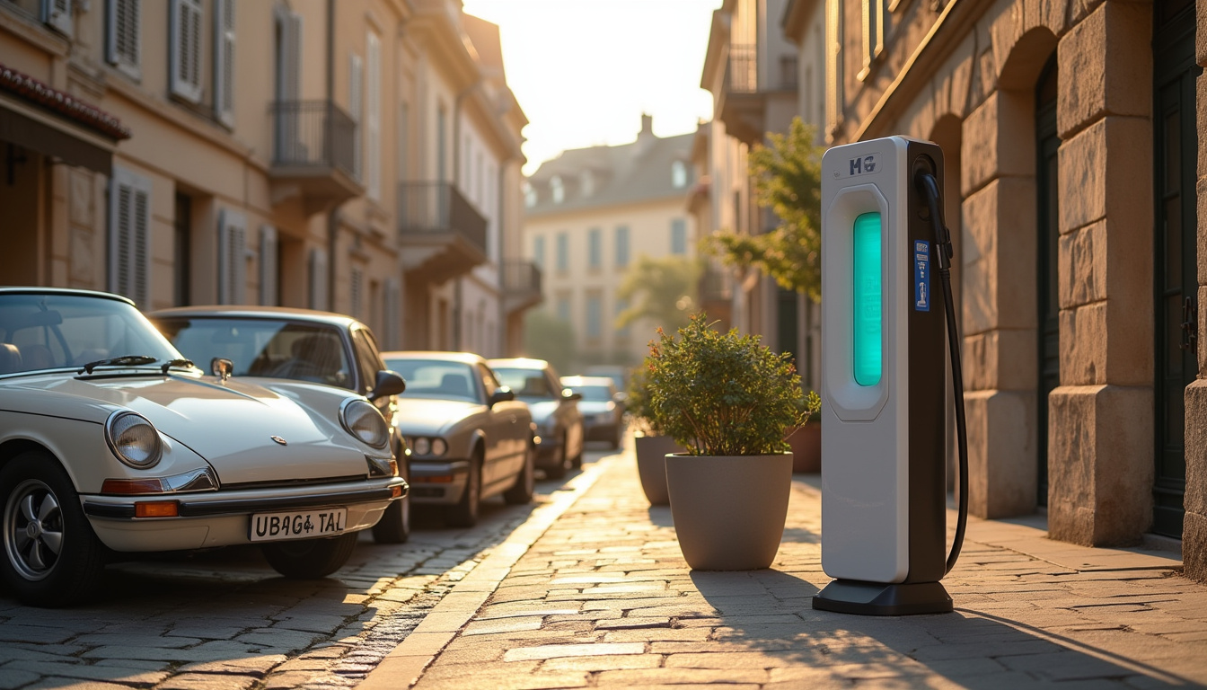 Borne de recharge publique située sur la place Charles de Gaulle à Épinac, entourée de voitures et de bâtiments anciens