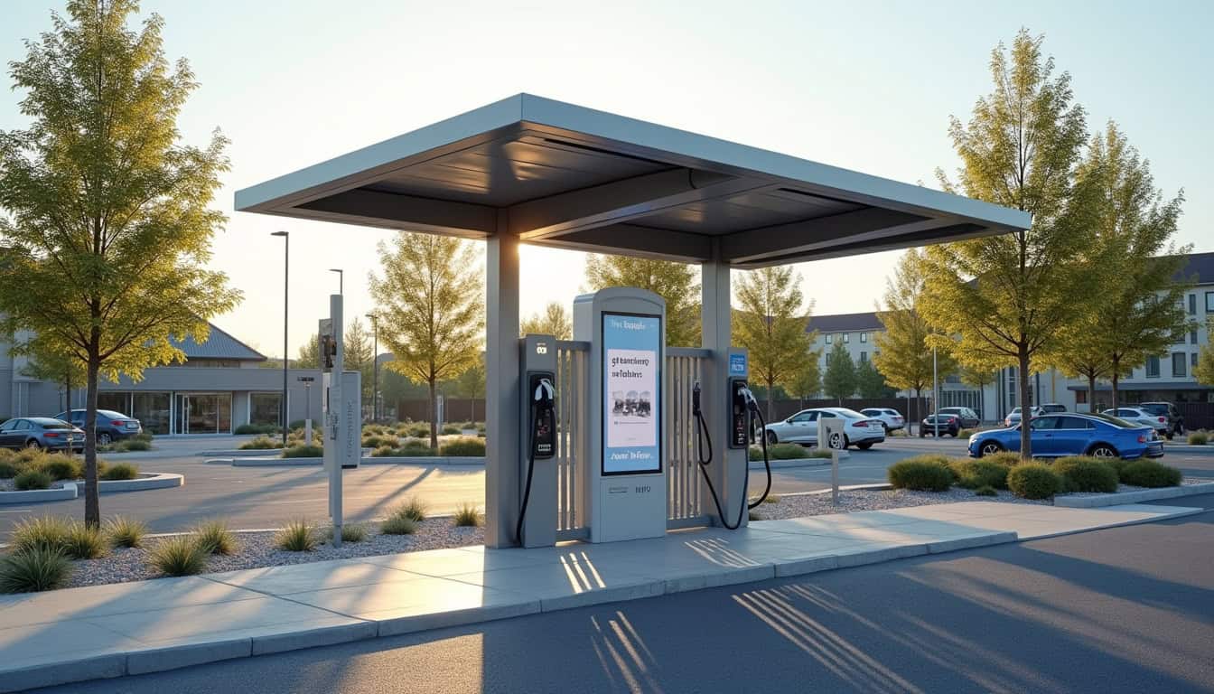 Borne de recharge publique située sur le parking de la mairie à Saint-Juéry
