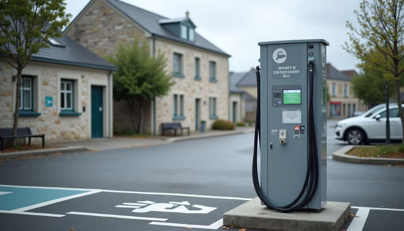 Borne de recharge publique située sur le parking de la mairie de Trélévern, dans un cadre urbain