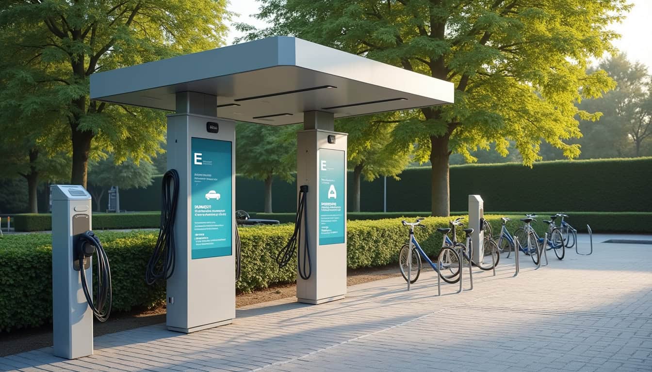 Borne de recharge publique située sur le parking de la rue du Vavasseur à La Haye-Pesnel