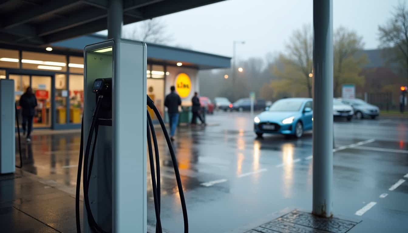 Borne de recharge publique située sur le parking du LIDL aux Achards