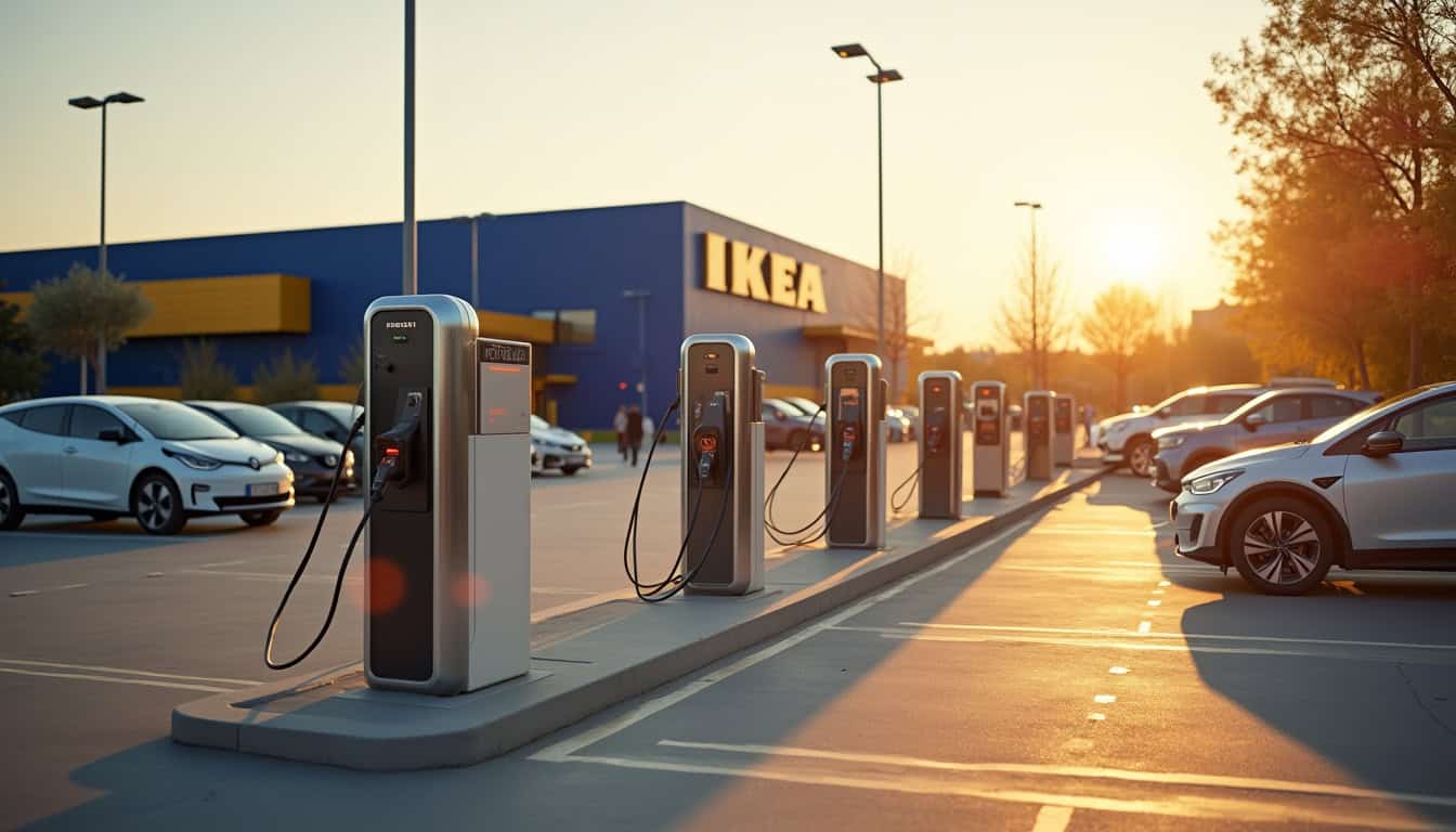 Borne de recharge publique située sur le parking d'un IKEA à Franconville