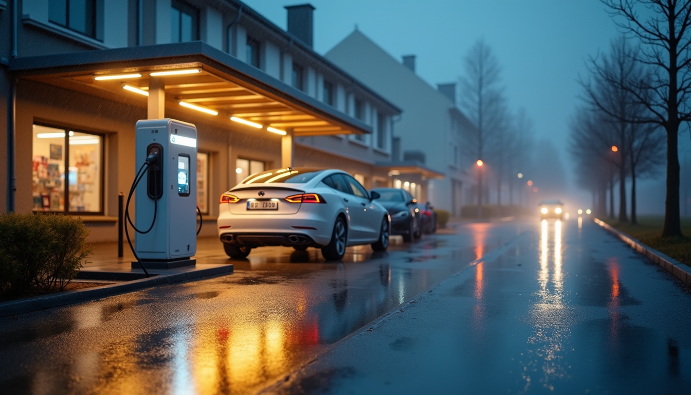 Borne de recharge publique située sur un parking à proximité d'un supermarché à Parentis-en-Born