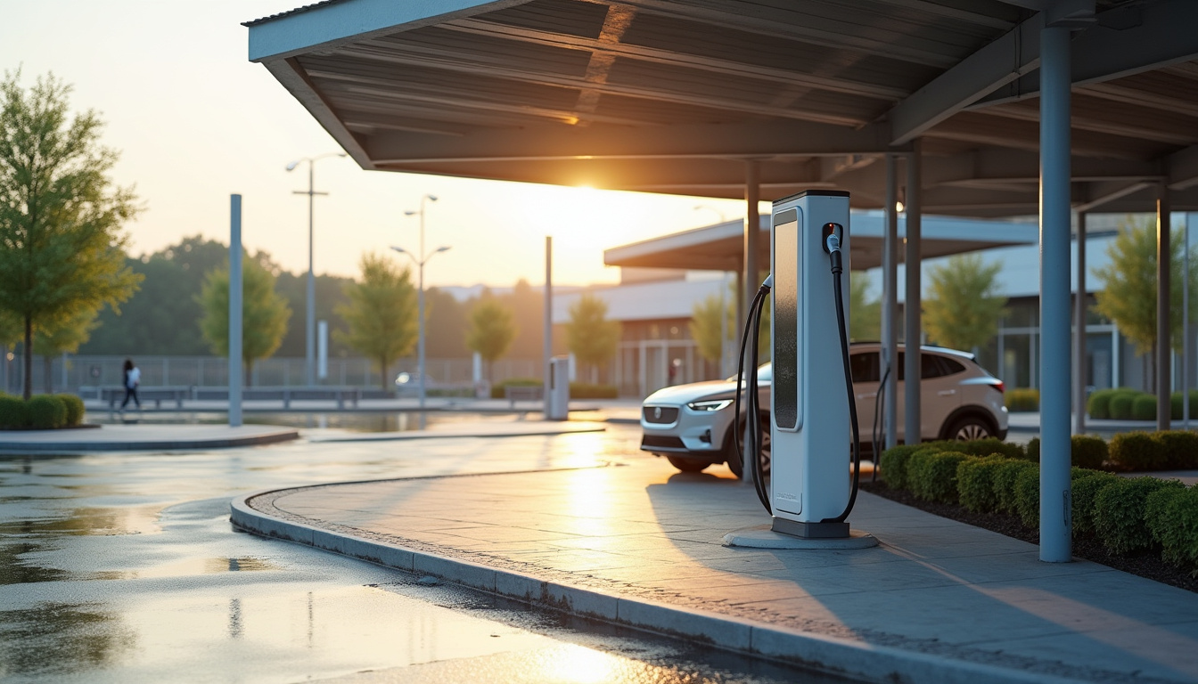 Borne de recharge publique située sur un parking commercial à Saint-Étienne-du-Rouvray