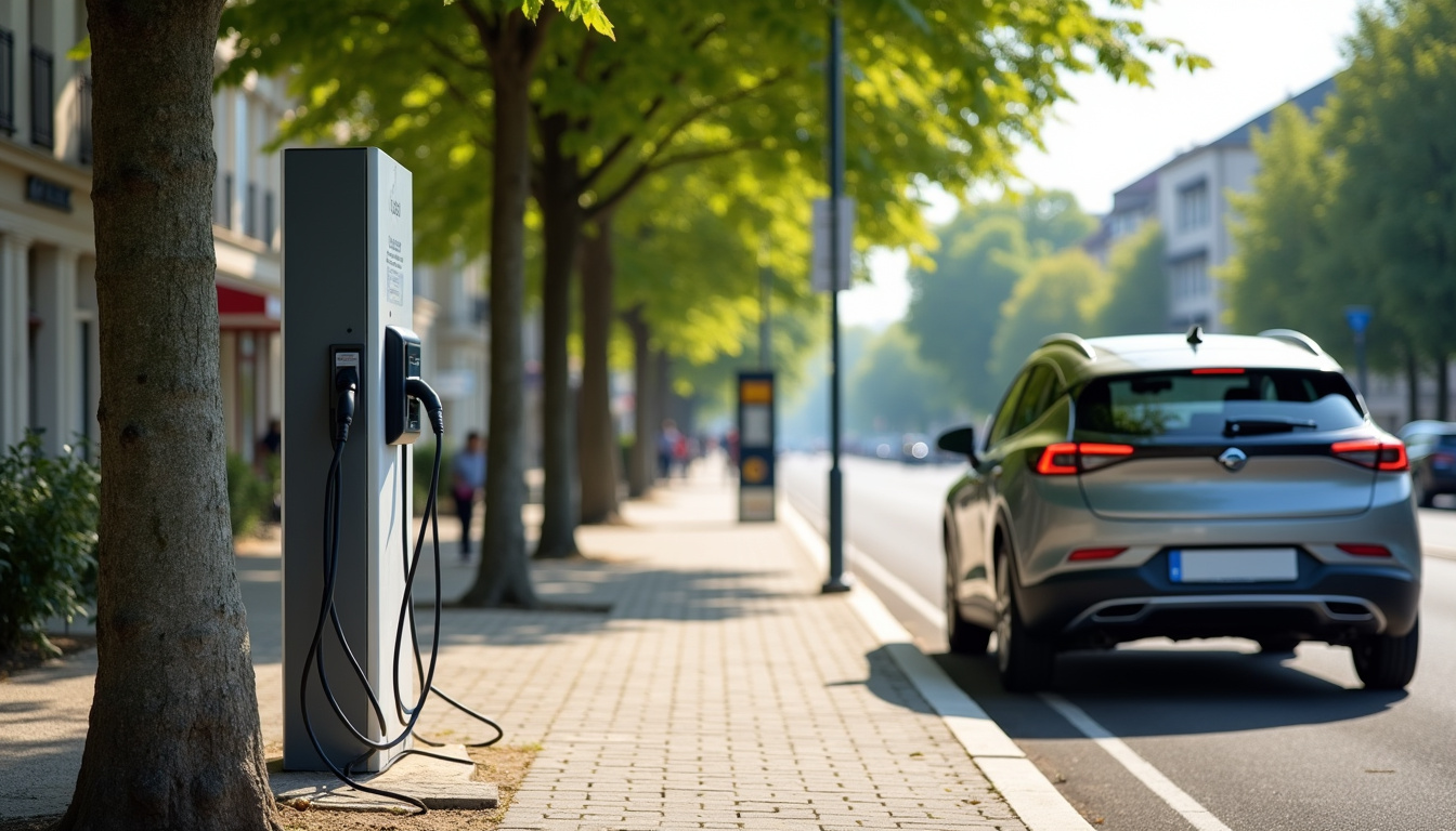 Borne de recharge publique située sur une avenue de Saint-Varent, avec un véhicule électrique en cours de chargement