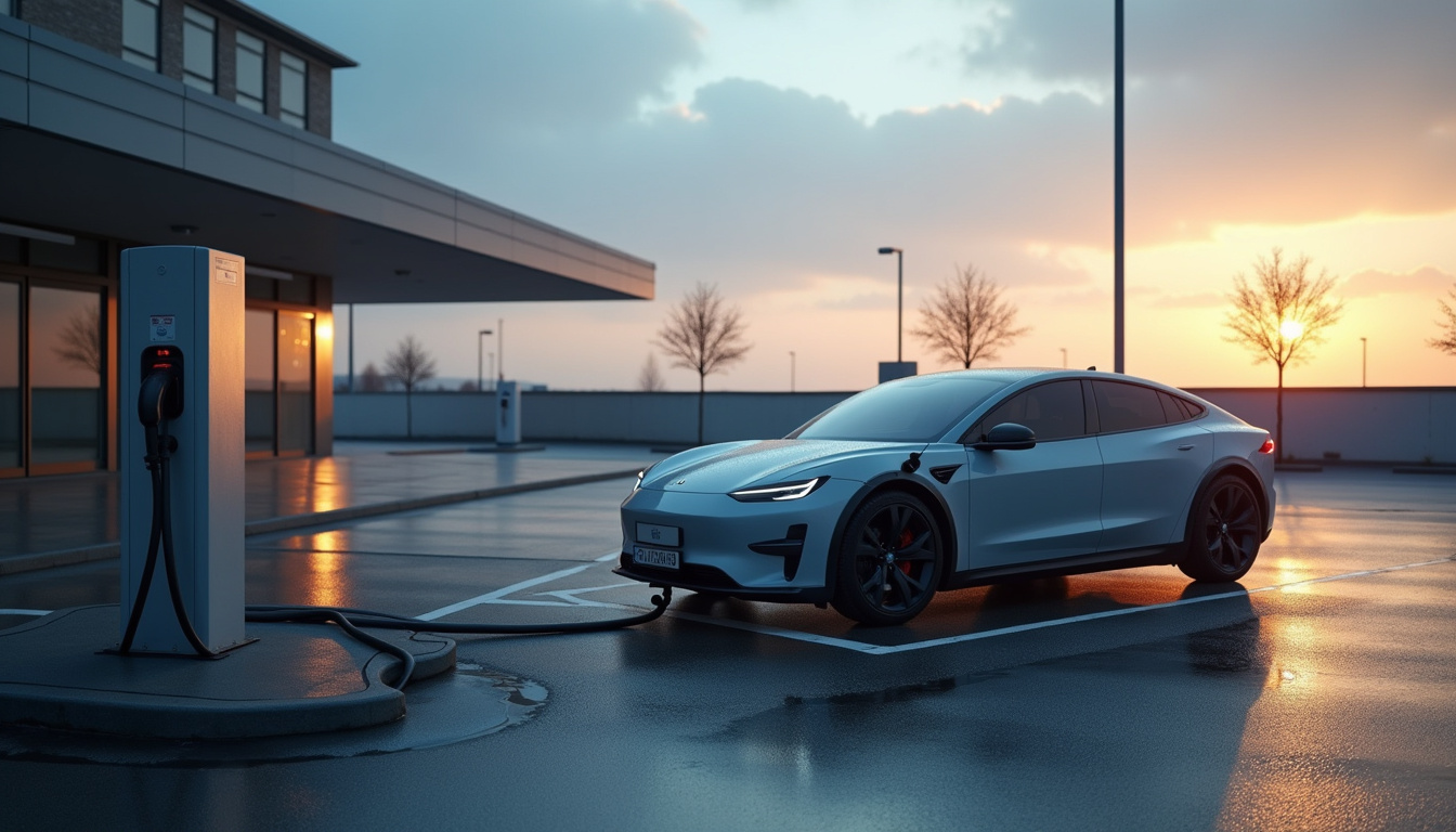 Borne de recharge rapide de 200 kW installée sur un parking public à Batz-sur-Mer, avec un véhicule en cours de recharge