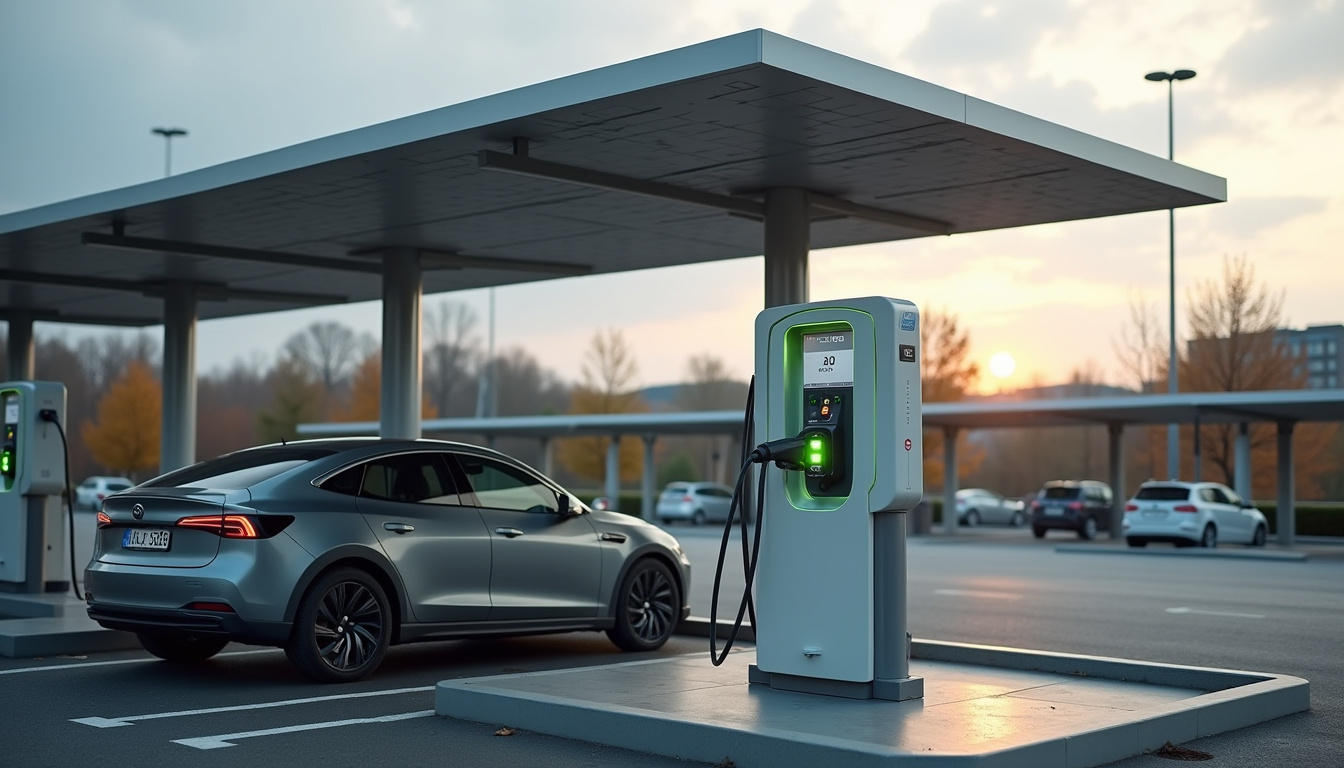 Borne de recharge rapide de type 50 kW située à proximité d’un supermarché à Mauléon-Licharre