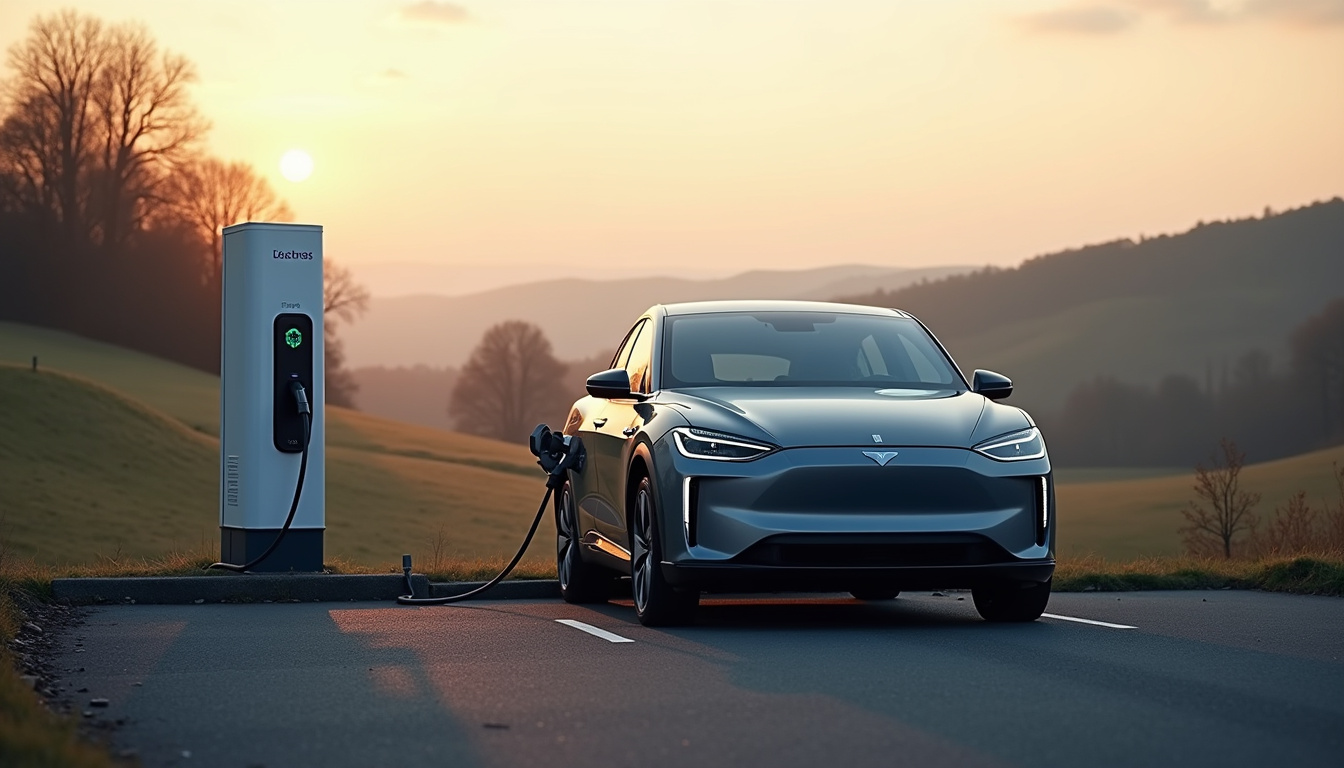 Borne de recharge rapide Fastned située sur l’A410 à la sortie de Groisy, avec un véhicule électrique en cours de recharge