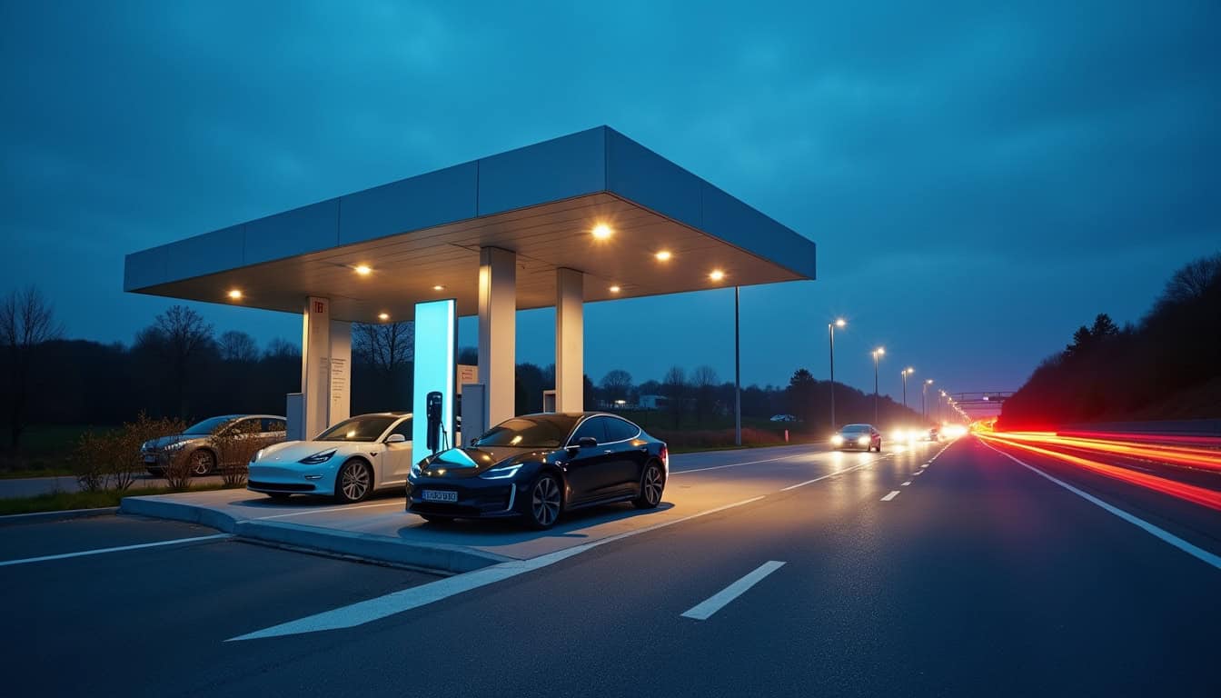 Borne de recharge rapide sur l'aire de Mornas-Les Adrets, visible depuis l'autoroute A7