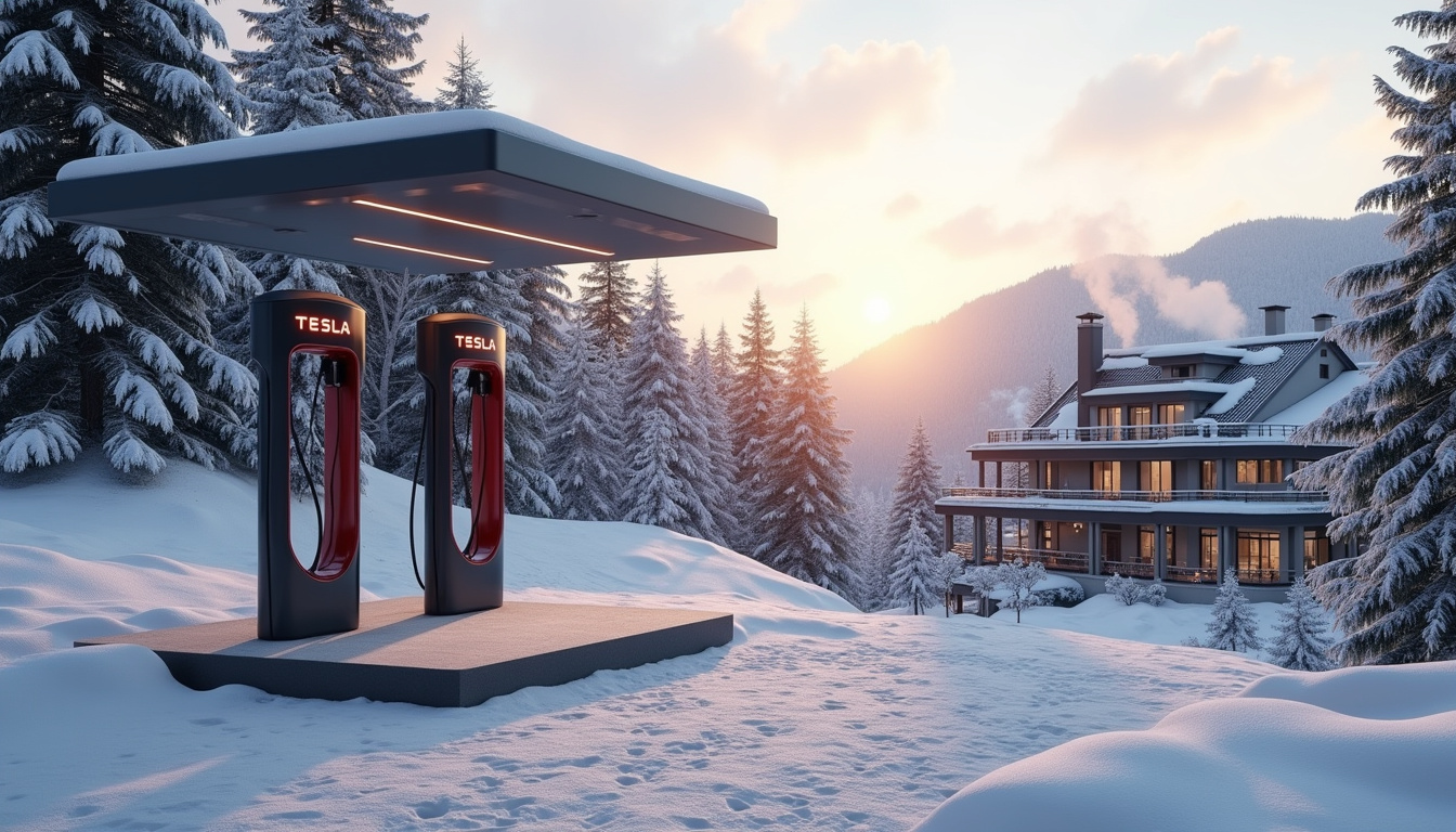 Borne de recharge Tesla installée près de l'Hôtel Radiana à La Léchère