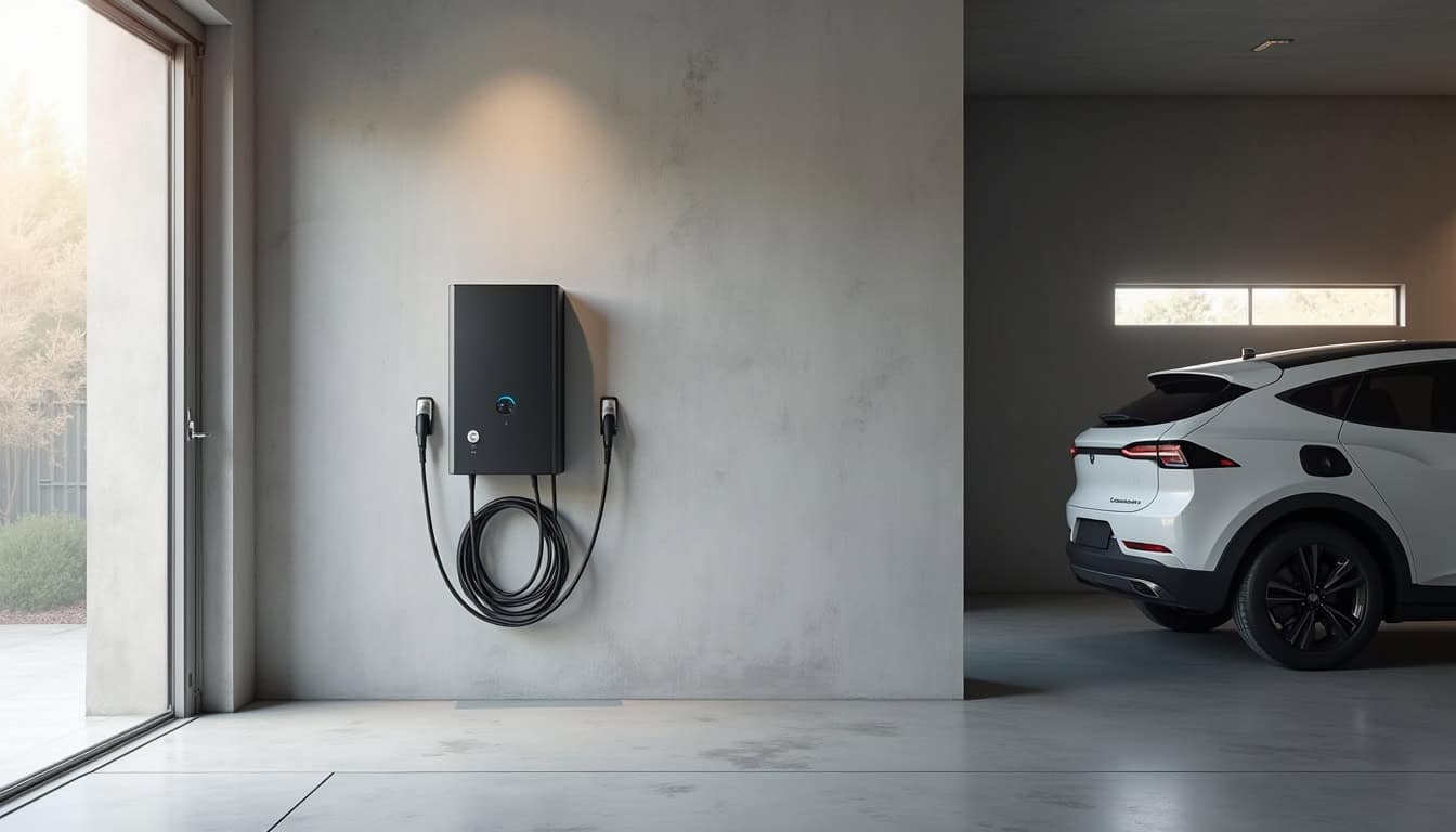 Borne de recharge triphasée installée dans un garage à Courtisols