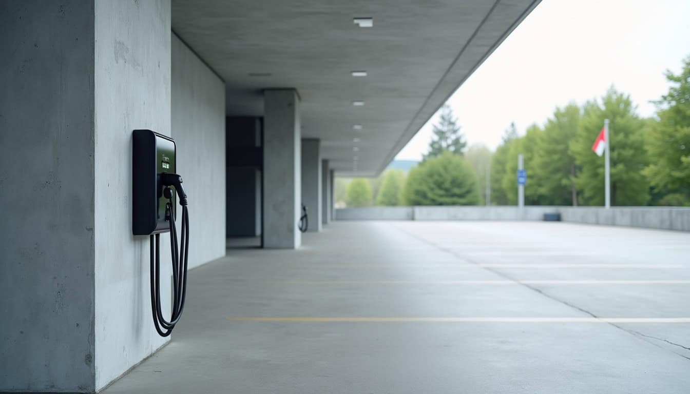 Borne de recharge triphasée installée dans un parking d'entreprise à Alboussière