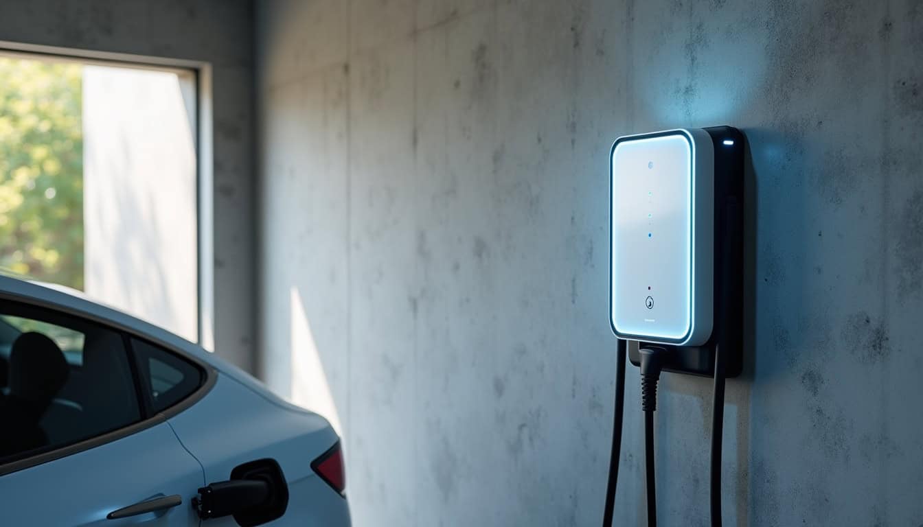 Borne de recharge triphasique installée dans un garage à Leudeville