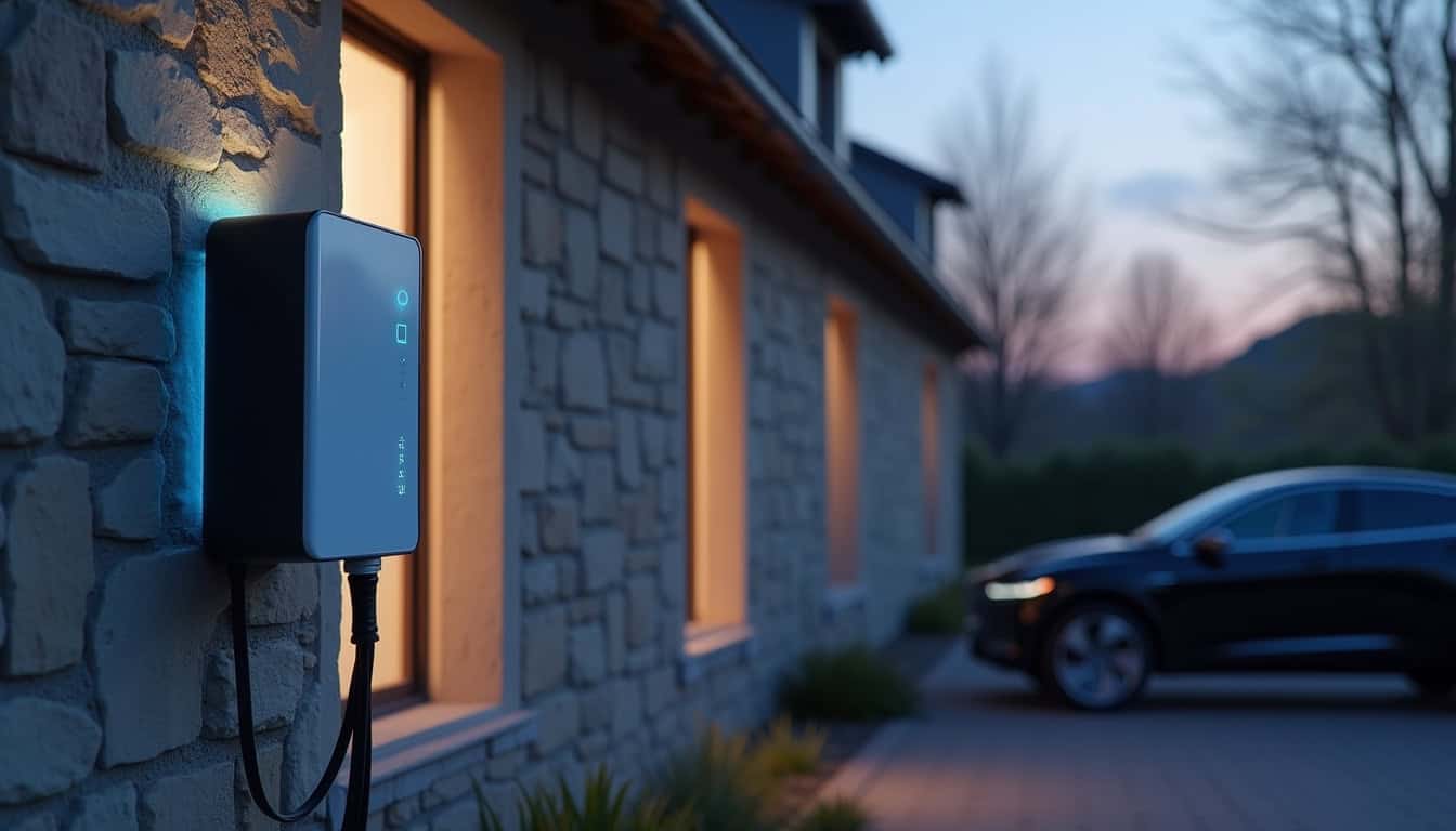 Borne de recharge wallbox connectée installée à l'extérieur d'une maison dans l'Aude, en cours de recharge d'une voiture électrique
