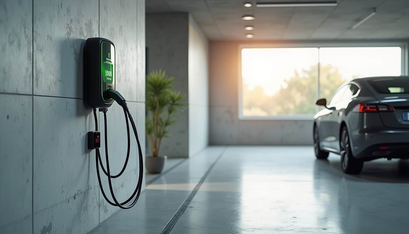 Borne électrique connectée installée dans un garage à Vétraz-Monthoux