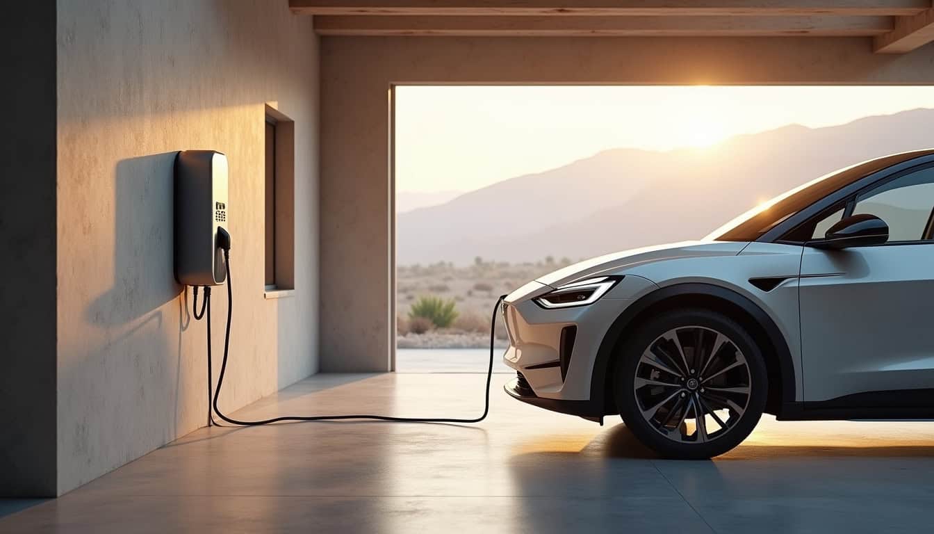 Borne électrique en cours de recharge dans un garage à Aydat